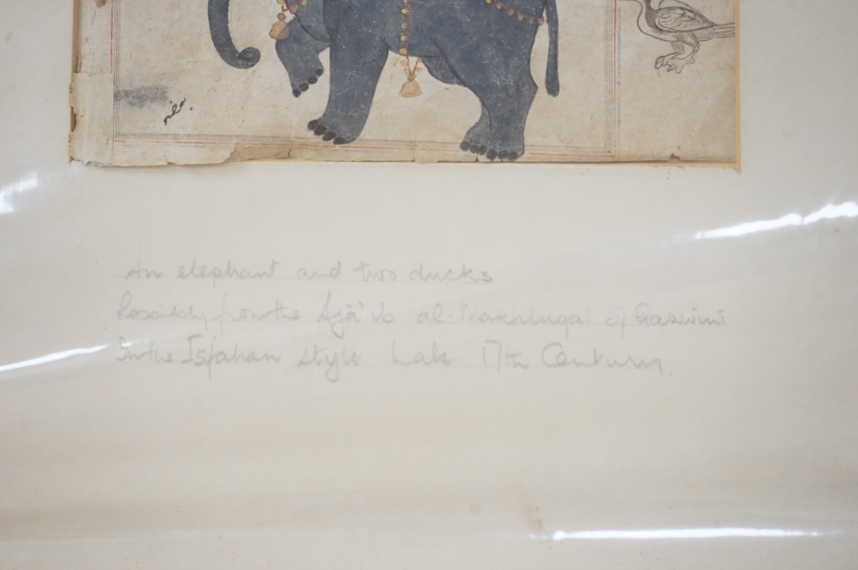 19th century, Persian School, Elephant and two ducks, ink inscription, watercolour, 17 x 20cm, mounted, unframed